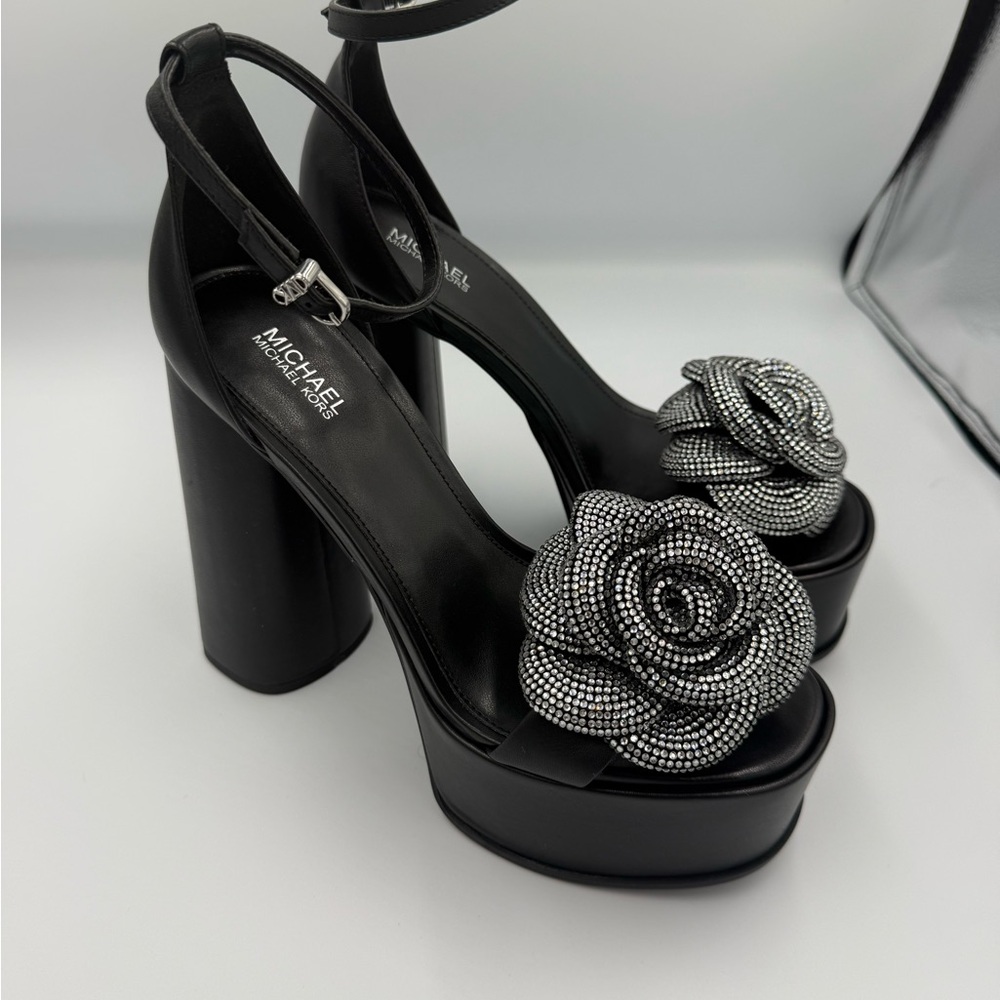Michael Kors Black Heels with Silver Rose Detail